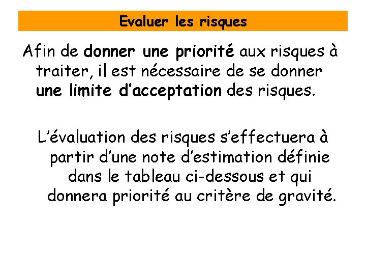Evaluer les risques Afin de donner une priorité aux risques à traiter, il est