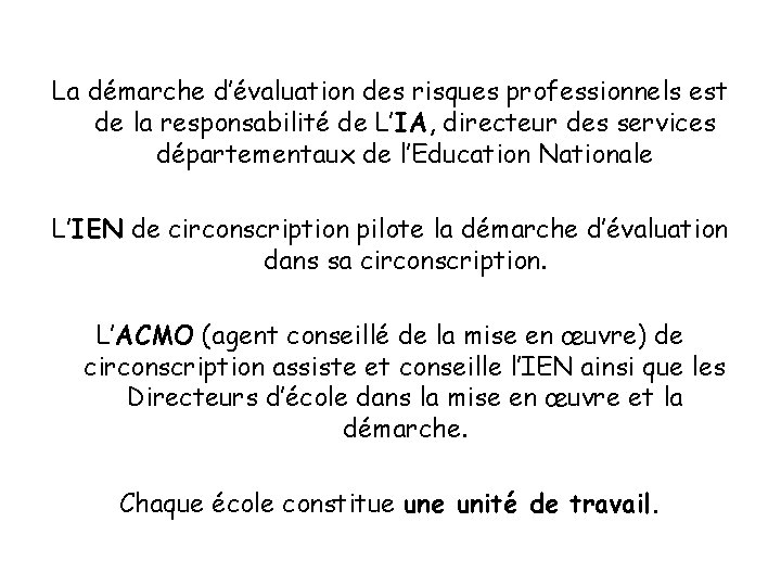 La démarche d’évaluation des risques professionnels est de la responsabilité de L’IA, directeur des