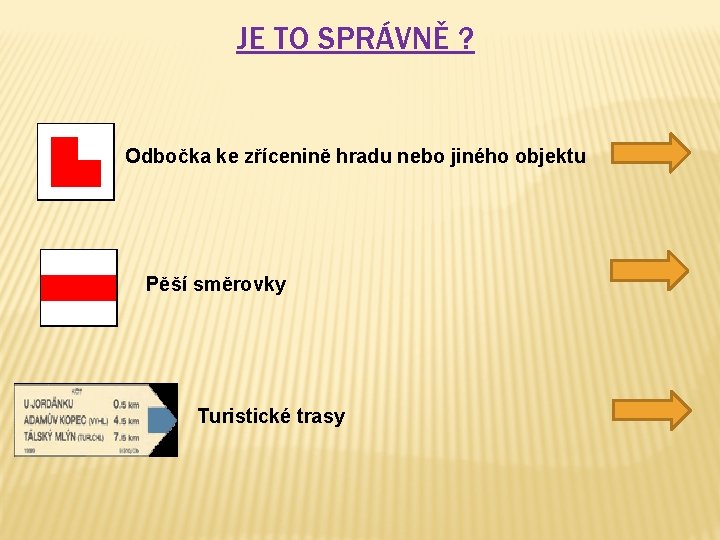 JE TO SPRÁVNĚ ? Odbočka ke zřícenině hradu nebo jiného objektu Pěší směrovky Turistické