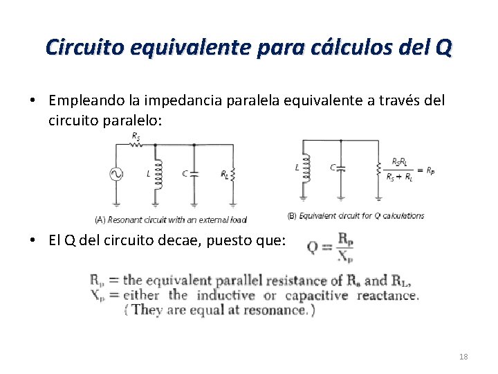 Circuito equivalente para cálculos del Q • Empleando la impedancia paralela equivalente a través