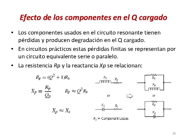 Efecto de los componentes en el Q cargado • Los componentes usados en el