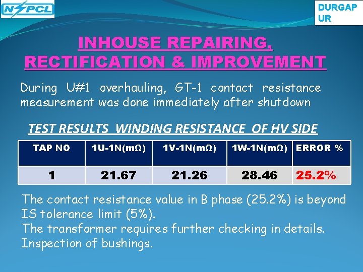 DURGAP UR INHOUSE REPAIRING, RECTIFICATION & IMPROVEMENT During U#1 overhauling, GT-1 contact resistance measurement DURGAP UR INHOUSE REPAIRING, RECTIFICATION & IMPROVEMENT During U#1 overhauling, GT-1 contact resistance measurement