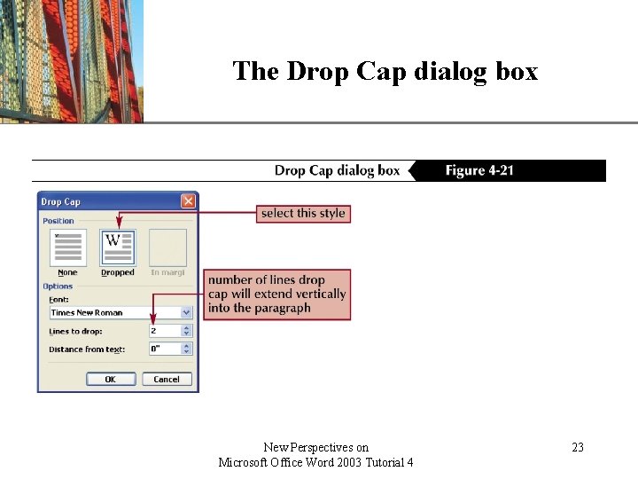 The Drop Cap dialog box New Perspectives on Microsoft Office Word 2003 Tutorial 4