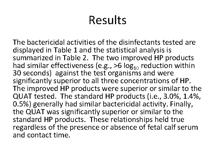 Results The bactericidal activities of the disinfectants tested are displayed in Table 1 and