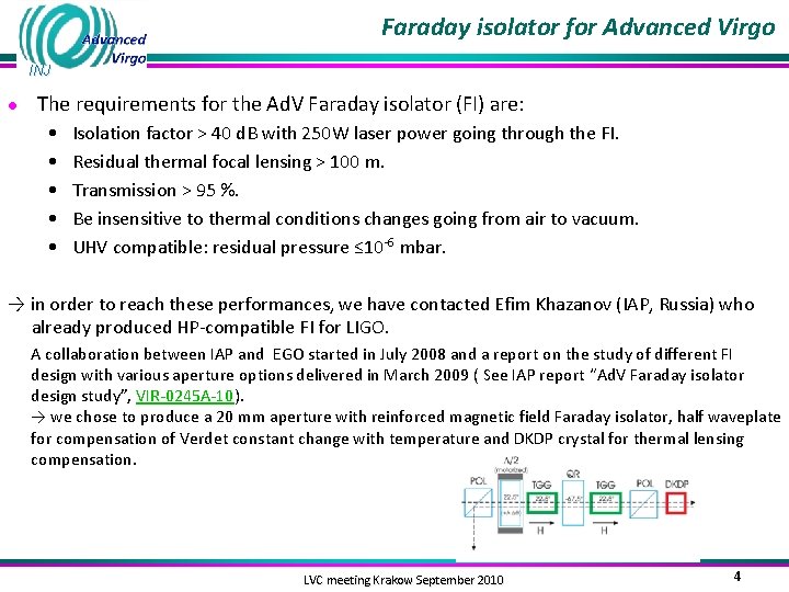 Faraday isolator for Advanced Virgo INJ ● The requirements for the Ad. V Faraday