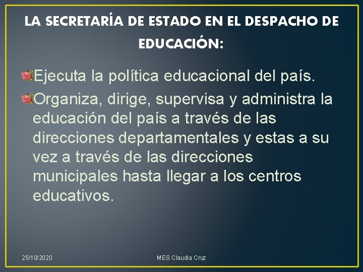 LA SECRETARÍA DE ESTADO EN EL DESPACHO DE EDUCACIÓN: Ejecuta la política educacional del LA SECRETARÍA DE ESTADO EN EL DESPACHO DE EDUCACIÓN: Ejecuta la política educacional del