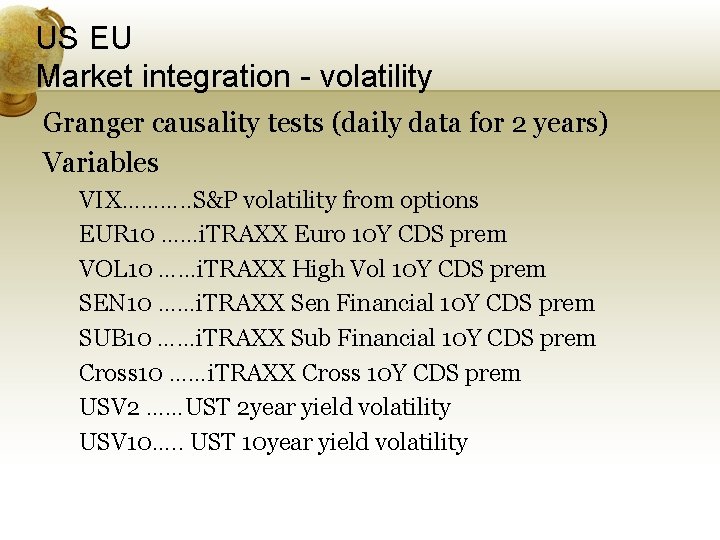 US EU Market integration - volatility Granger causality tests (daily data for 2 years)