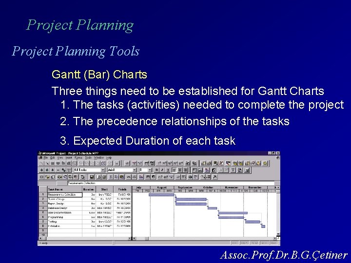 Project Planning Tools Gantt (Bar) Charts Three things need to be established for Gantt
