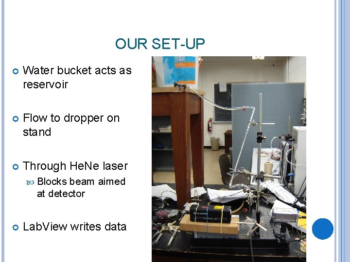 OUR SET-UP Water bucket acts as reservoir Flow to dropper on stand Through He.