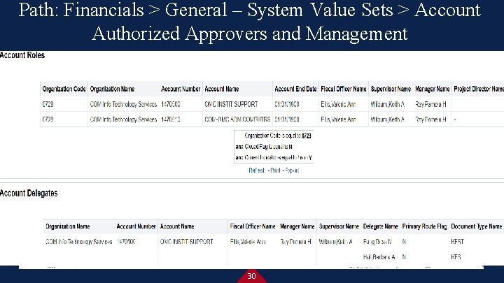 Path: Financials > General – System Value Sets > Account Authorized Approvers and Management