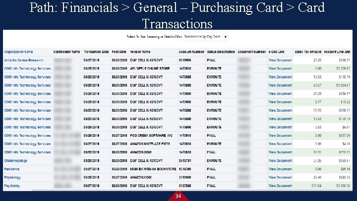 Path: Financials > General – Purchasing Card > Card Transactions 34 