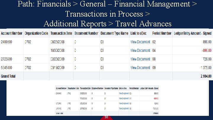 Path: Financials > General – Financial Management > Transactions in Process > Additional Reports