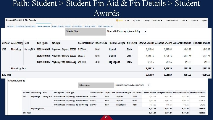 Path: Student > Student Fin Aid & Fin Details > Student Awards 45 