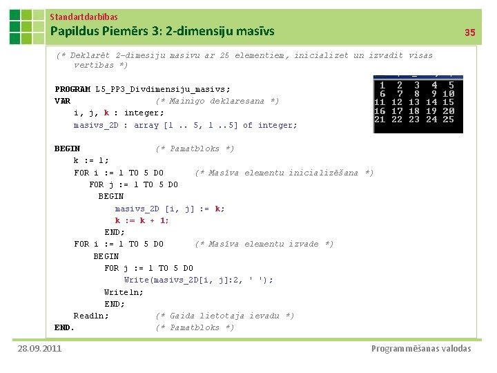 Standartdarbības Papildus Piemērs 3: 2 -dimensiju masīvs 35 (* Deklarēt 2 -dimesiju masivu ar Standartdarbības Papildus Piemērs 3: 2 -dimensiju masīvs 35 (* Deklarēt 2 -dimesiju masivu ar