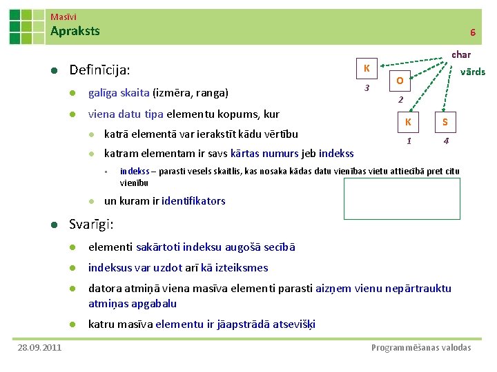 Masīvi Apraksts l 6 Definīcija: l galīga skaita (izmēra, ranga) l viena datu tipa Masīvi Apraksts l 6 Definīcija: l galīga skaita (izmēra, ranga) l viena datu tipa