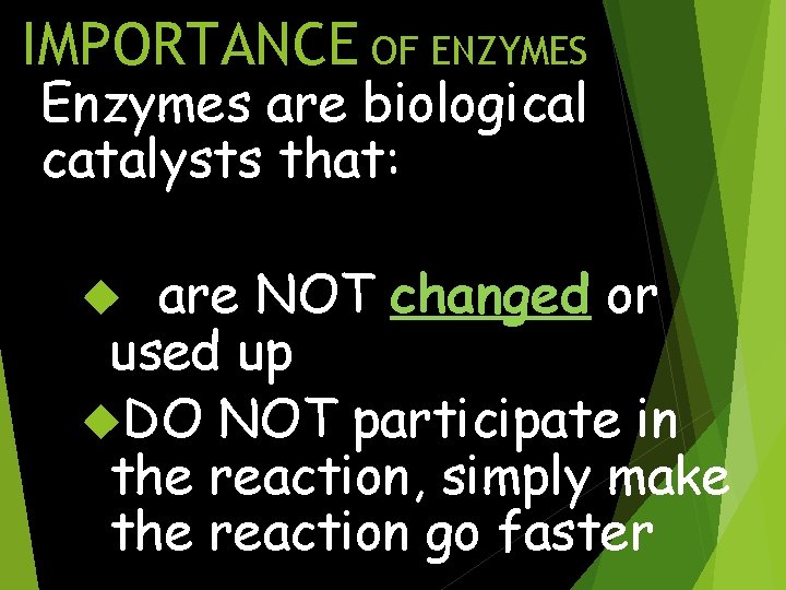 IMPORTANCE OF ENZYMES Enzymes are biological catalysts that: are NOT changed or used up