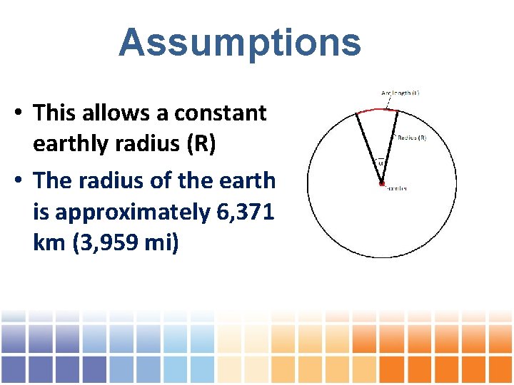 Assumptions • This allows a constant earthly radius (R) • The radius of the