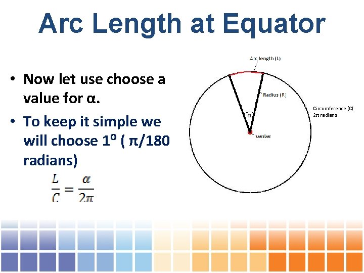 Arc Length at Equator • Now let use choose a value for α. •