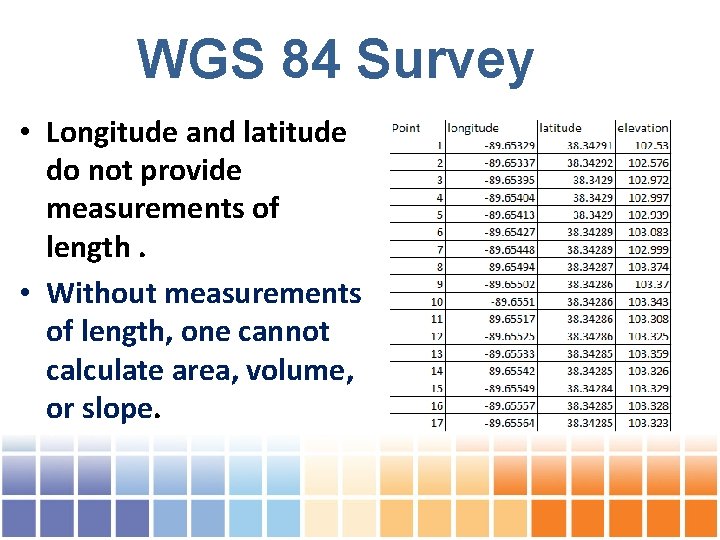 WGS 84 Survey • Longitude and latitude do not provide measurements of length. •