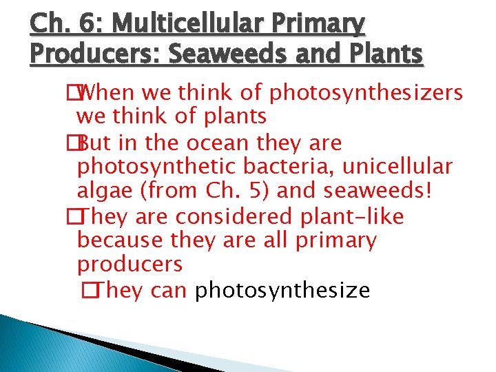 Ch. 6: Multicellular Primary Producers: Seaweeds and Plants �When we think of photosynthesizers we