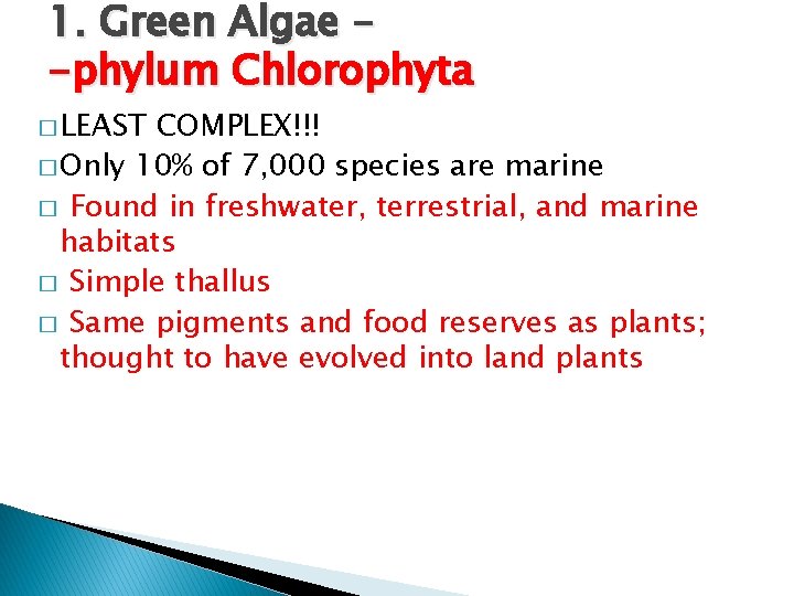 1. Green Algae – -phylum Chlorophyta � LEAST COMPLEX!!! � Only 10% of 7,