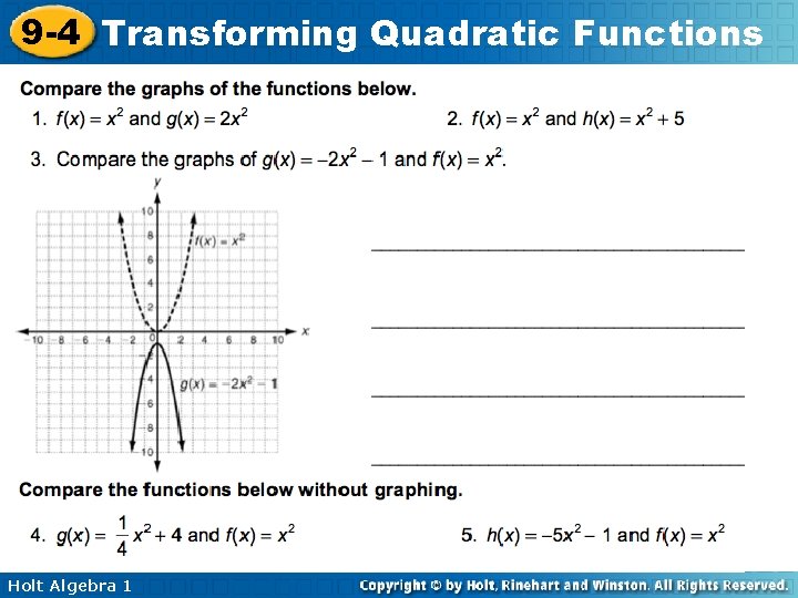 9 -4 Transforming Quadratic Functions Holt Algebra 1 