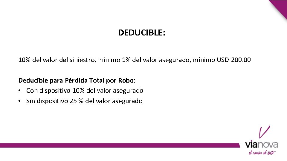 DEDUCIBLE: 10% del valor del siniestro, mínimo 1% del valor asegurado, mínimo USD 200.