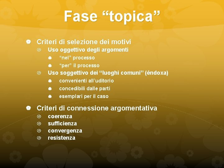 Fase “topica” Criteri di selezione dei motivi Uso oggettivo degli argomenti “nel” processo “per”