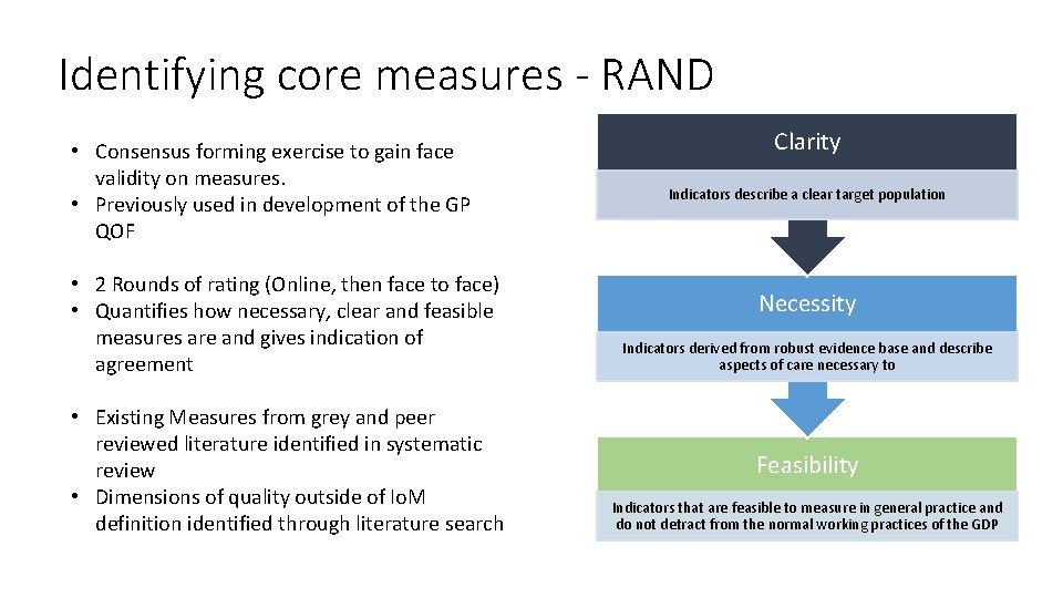 Identifying core measures - RAND • Consensus forming exercise to gain face validity on