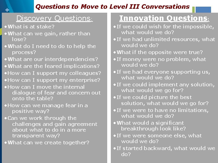 + Questions to Move to Level III Conversations Discovery Questions: • What is at