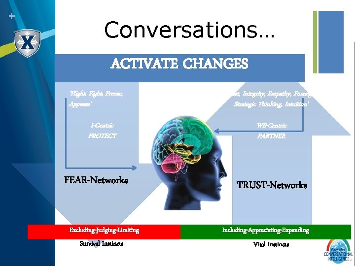 + Conversations… ACTIVATE CHANGES ‘Flight, Freeze, Appease’ I-Centric PROTECT FEAR-Networks Excluding-Judging-Limiting Survival Instincts ‘Trust,