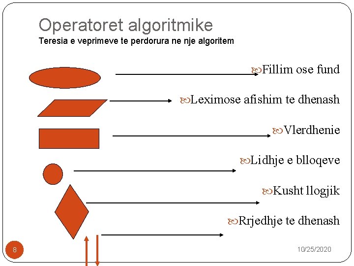 Operatoret algoritmike Teresia e veprimeve te perdorura ne nje algoritem Fillim ose fund Leximose