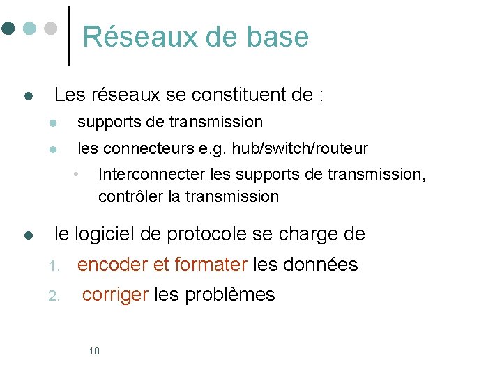 Réseaux de base l Les réseaux se constituent de : l supports de transmission Réseaux de base l Les réseaux se constituent de : l supports de transmission