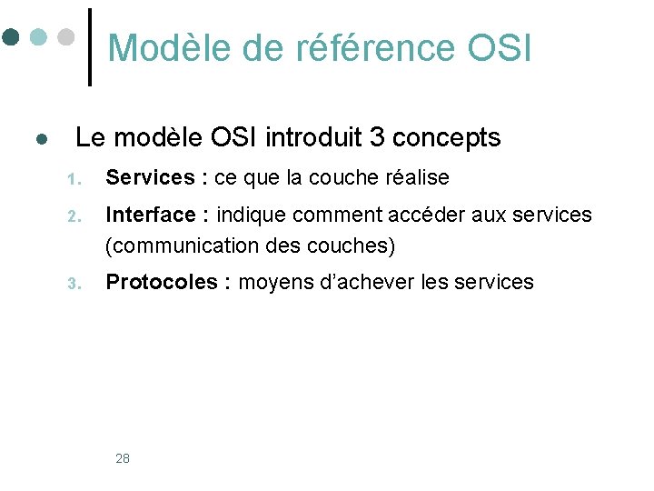 Modèle de référence OSI l Le modèle OSI introduit 3 concepts 1. Services : Modèle de référence OSI l Le modèle OSI introduit 3 concepts 1. Services :