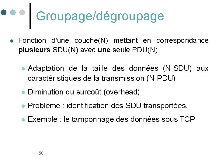 Groupage/dégroupage l Fonction d'une couche(N) mettant en correspondance plusieurs SDU(N) avec une seule PDU(N) Groupage/dégroupage l Fonction d'une couche(N) mettant en correspondance plusieurs SDU(N) avec une seule PDU(N)