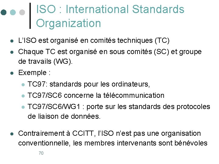 ISO : International Standards Organization l L’ISO est organisé en comités techniques (TC) l ISO : International Standards Organization l L’ISO est organisé en comités techniques (TC) l