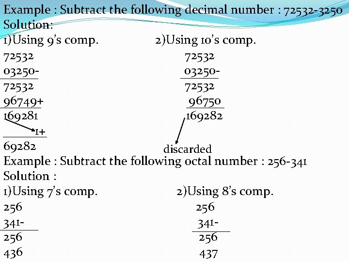 Example : Subtract the following decimal number : 72532 -3250 Solution: 1)Using 9’s comp.