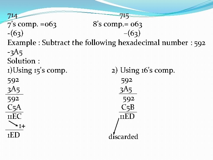 714 715 7’s comp. =063 8’s comp. = 063 -(63) –(63) Example : Subtract