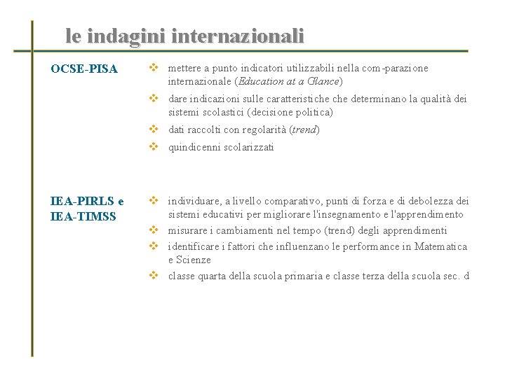 le indagini internazionali OCSE-PISA v mettere a punto indicatori utilizzabili nella com-parazione internazionale (Education
