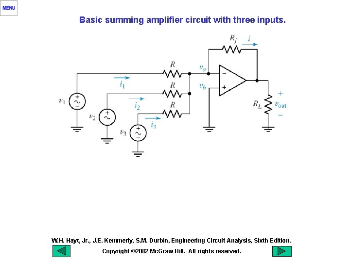 Basic summing amplifier circuit with three inputs. W. H. Hayt, Jr. , J. E.