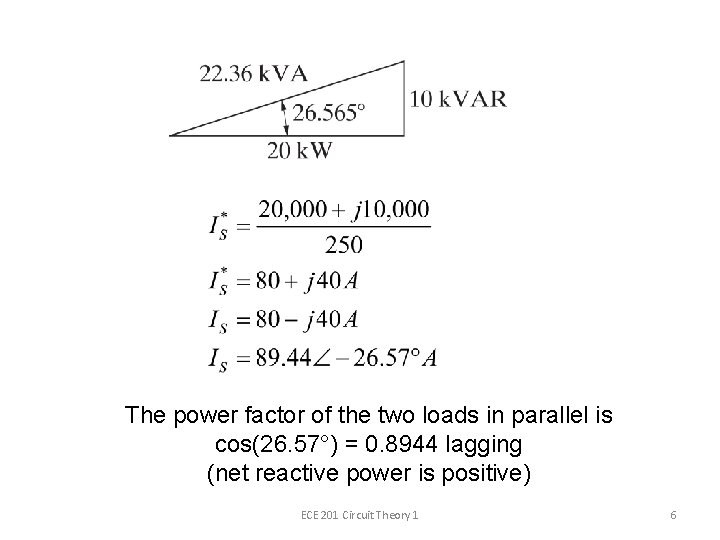 The power factor of the two loads in parallel is cos(26. 57°) = 0.
