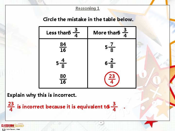 Reasoning 1 Circle the mistake in the table below. Less than 5 5 3