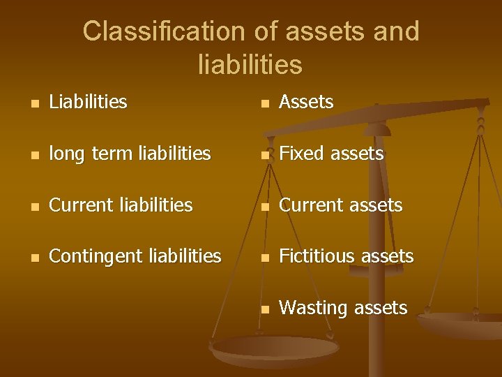 Classification of assets and liabilities n Liabilities n Assets n long term liabilities n