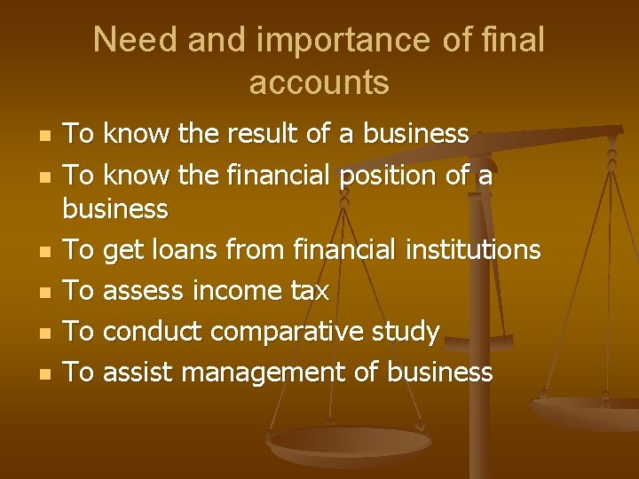 Need and importance of final accounts n n n To know the result of