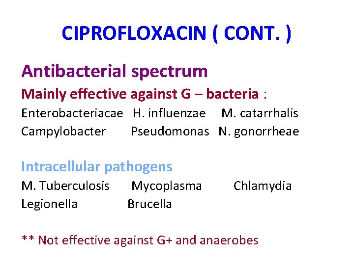 CIPROFLOXACIN ( CONT. ) Antibacterial spectrum Mainly effective against G – bacteria : Enterobacteriacae