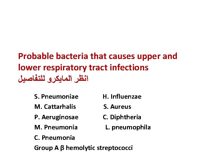 Probable bacteria that causes upper and lower respiratory tract infections ﺍﻧﻈﺮ ﺍﻟﻤﺎﻳﻜﺮﻭ ﻟﻠﺘﻔﺎﺻﻴﻞ S.