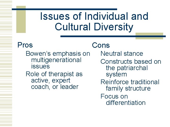 Issues of Individual and Cultural Diversity Pros Bowen’s emphasis on multigenerational issues Role of