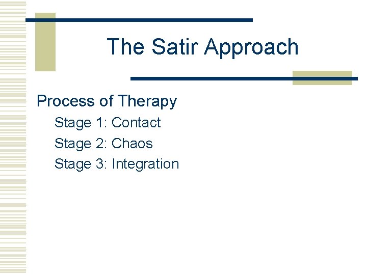 The Satir Approach Process of Therapy Stage 1: Contact Stage 2: Chaos Stage 3: