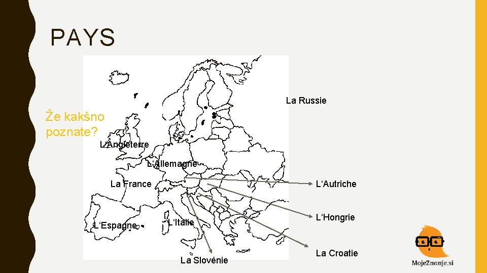 PAYS La Russie Že kakšno poznate? L‘Angleterre L‘Allemagne La France L‘Espagne L‘Autriche L‘Italie La