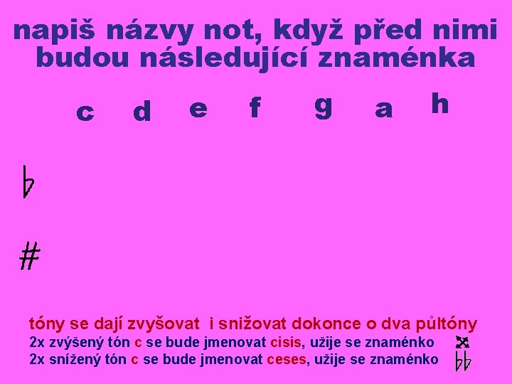 napiš názvy not, když před nimi budou následující znaménka c d e f g